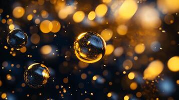 Close up of three shiny, golden bubbles floating in the air. The bubbles are surrounded by a blurry, hazy background, giving the image a dreamy, ethereal quality photo