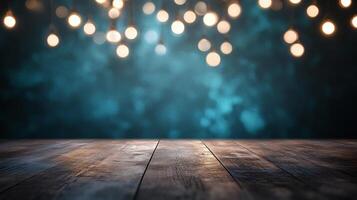 Dark blue background with a wooden floor and a lighted string of lights. The lights are scattered throughout the background, creating a warm and inviting atmosphere photo
