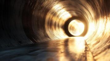 Tunnel with a light shining through it. The tunnel is dark and the light is the only source of illumination photo