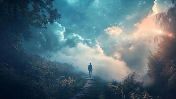 Person is walking down a path in a forest at night. The sky is cloudy and the trees are illuminated by the moon photo
