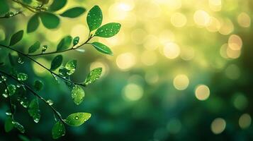 Leafy green tree with droplets of water on it. The leaves are wet and shiny, and the tree is surrounded by a blurry background. Concept of freshness and vitality photo