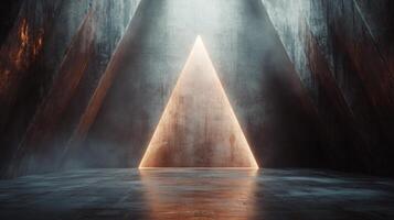 Large triangle is lit up in a dark room. The triangle is surrounded by a foggy atmosphere photo