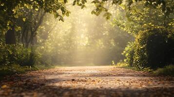 Path through a forest with trees on either side. The path is empty and the sun is shining through the trees photo