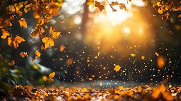 Beautiful autumn scene with leaves falling from trees. The leaves are scattered all over the ground, creating a colorful and peaceful atmosphere. The sunlight is shining through the trees photo