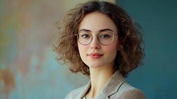 Woman with curly hair and glasses is smiling for the camera. She is wearing a jacket and a tie, and her hair is styled in a way that makes it look like it's in a bun photo