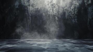 Dark, empty room with a lot of smoke in the air. The room is bare and has no furniture or decorations. The smoke is thick and hazy, giving the room a mysterious and eerie atmosphere photo