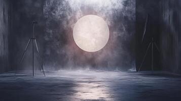 Dark room with a large round object in the center. The room is empty and the only objects are a tripod and a camera. Scene is mysterious and eerie photo
