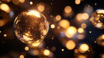 Close up of a gold colored sphere with a lot of light shining on it. The sphere is surrounded by a lot of small, glowing circles. The image has a dreamy, ethereal quality to it photo