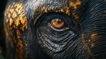 The eye of an elephant is shown in a close up. The eye is brown and has a yellowish tinge. The eye is surrounded by wrinkles and has a dark brown color photo