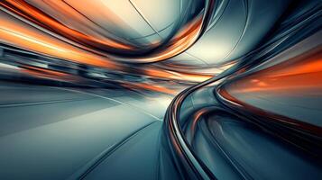 Blurry image of a train with orange and blue lines. The train is moving and the lines are moving with it. The image has a sense of motion and energy photo