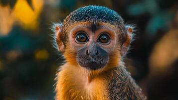Baby monkey with brown fur and black eyes. The monkey is looking at the camera. The image has a warm and friendly mood photo