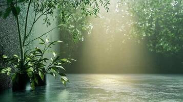 Lush green forest with a tree in the foreground and a pond in the background. The sunlight is shining through the trees, creating a peaceful and serene atmosphere photo