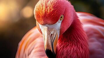 Flamingo with a pink head and red feathers. The bird is looking at the camera. The image has a warm and inviting mood photo