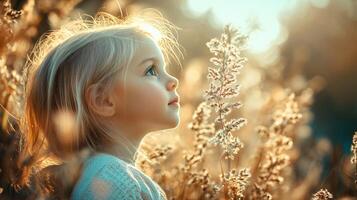 Young girl is looking up at the sky, surrounded by tall grass. Concept of innocence and wonder, as the girl gazes up at the world around her. The bright sunlight and the tall grass create a peaceful photo