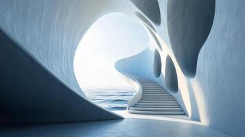 Spiral staircase leads to a large, open space with a view of the ocean. The staircase is made of white stone and the walls are made of concrete. The space is empty photo