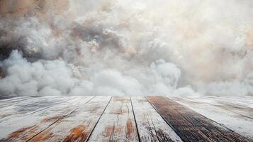 Cloudy sky with a wooden floor in the background. The sky is filled with smoke and the floor is made of wood photo