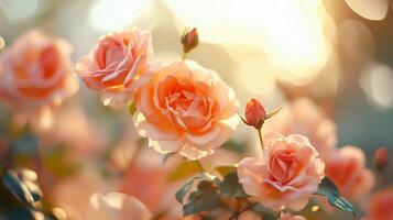 Bunch of pink roses are in full bloom, with the sun shining brightly on them. Concept of warmth and happiness, as the bright colors of the flowers and the sunlight create a cheerful photo
