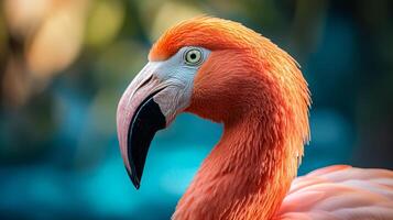Flamingo with a pink head and orange feathers. The bird is standing in front of a blue background photo