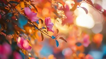 Close up of a pink flower with a blue stem. The flower is surrounded by leaves and branches, and the sunlight is shining on it, creating a warm and inviting atmosphere photo