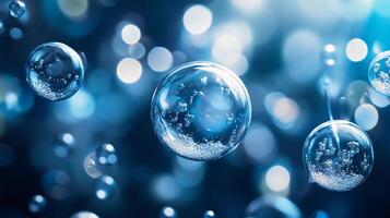 Series of blue bubbles floating in the air. The bubbles are small and round, and they appear to be suspended in a clear liquid photo