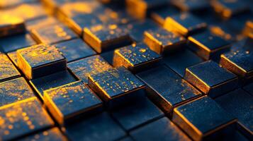 Close up of a blue and orange cube pattern. The image has a futuristic and industrial feel to it photo