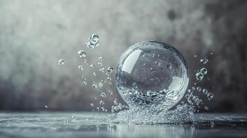 Clear sphere of water is splashing on a surface. The water droplets are scattered around the sphere, creating a sense of movement and energy. The image conveys a feeling of playfulness and joy photo