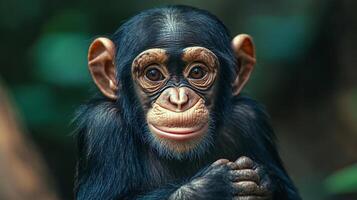 Baby monkey with a big smile on its face. The monkey is looking at the camera and he is happy photo