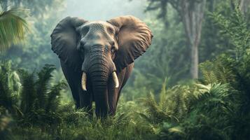 Large elephant is walking through a jungle. The elephant is surrounded by tall grass and trees photo