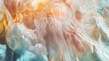 Blurry image of a jellyfish with a blue background. The jellyfish is surrounded by a lot of water and he is floating photo