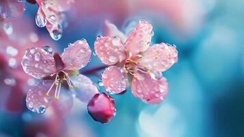 Close up of a pink flower with raindrops on it. The flower is surrounded by water droplets, giving it a fresh and vibrant appearance. Concept of beauty and tranquility photo
