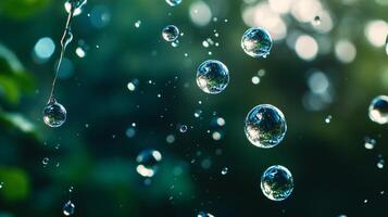 Series of small, clear, round water droplets are suspended in the air. The droplets are scattered throughout the image, with some closer to the foreground and others further in the background photo