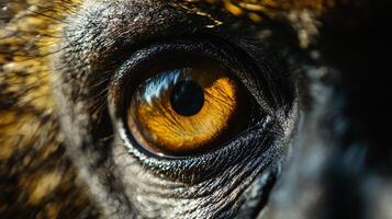 Close up of a dog's eye with a reflection of the sun in the eye. The eye is brown and the reflection is yellow photo