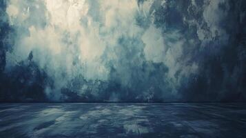 The room is empty and has a blue wall. The sky outside is cloudy, giving the room a calm and peaceful atmosphere photo