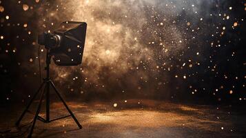 Camera is set up in front of a backdrop of falling snow. The scene is set in a dark room with a spotlight on the camera. Scene is mysterious and dramatic photo