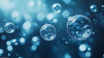 Blue background with three bubbles in the middle. The bubbles are small and round. The bubbles are floating in the water photo