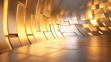 Large, curved wall made of gold and silver tiles. The wall is empty and has a shiny, reflective surface. Concept of luxury and opulence, as well as a feeling of emptiness and isolation photo