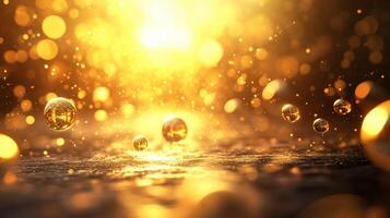 Gold and yellow background with many small gold and yellow spheres. The spheres are scattered throughout the background and are of varying sizes. Scene is one of warmth and brightness, with the gold photo