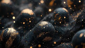 Close up of a bunch of black and gold balls. The balls are scattered all over the image, creating a sense of chaos and disorder. The gold color of the balls contrasts with the black background photo
