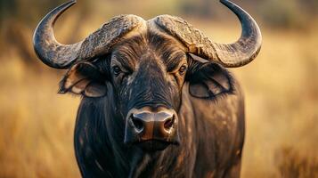 Large black ox with horns is standing in a field. The horns are large and pointy, and the ox has a very serious expression on its face photo