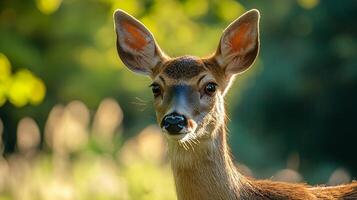 Deer is standing in a field with its head up. The deer has brown fur and is looking straight ahead photo