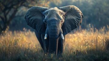 Large elephant standing in a field of tall grass. The elephant is the main focus of the image, and it is looking directly at the camera. Concept of awe and wonder, as the elephant's size photo