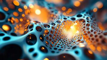 Blue and orange abstract image with many small circles. The circles are of different sizes and colors, and they seem to be scattered all over the image. Scene is chaotic and disordered photo