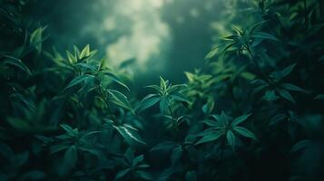 Lush green forest with a few leaves that are wet. The leaves are green and the forest is full of them photo