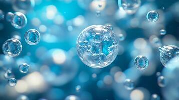 Blue and white image of bubbles floating in the air. The bubbles are small and clear, and they are scattered throughout the image. Scene is light and playful photo
