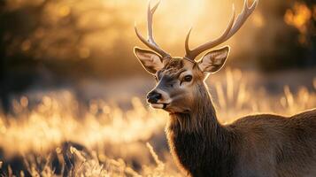 Deer is standing in a field with its head held high. The sun is shining on the deer, making it look majestic and powerful photo