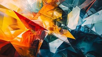 Colorful abstract painting with a red triangle and blue and yellow squares. The painting is full of different shapes and colors, creating a dynamic and energetic composition photo