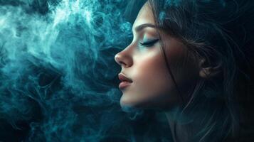 Woman is looking at the camera with her eyes closed. The background is filled with smoke, giving the image a mysterious and eerie atmosphere photo