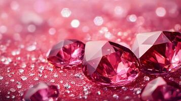 Close up of a pink background with a few pink diamonds scattered around. The diamonds are of various sizes and are placed in different positions. Scene is elegant and sophisticated photo