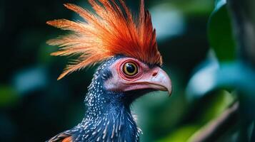 Bird with a red head and blue feathers. The bird is looking at the camera. The image has a bright and lively mood photo