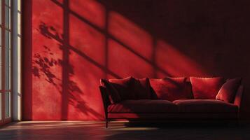 Red couch is sitting in a room with a red wall. The room is dimly lit, and the couch is the only piece of furniture in the room. The couch is positioned in front of a window photo